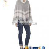 Strips and Tassel Knitted Cashmere Poncho Shawl thumbnail-3