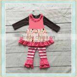 Wholesale Babies Outfit Christmas Fabric Custome Long Sleeve Floral Print Top and Red Strip Pant thumbnail-1