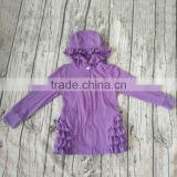Yawoo autumn long sleeves cotton ruffles design fasteners decoration purple hoodies girls boutique kids clothing sets wholesale
