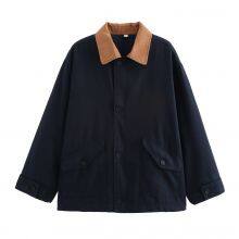 New Style Women's Retro Loose Casual Long-sleeved Color-matched Patchwork Button-down Blazer With Collar thumbnail-3