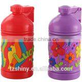 2016 Plastic Cute Bottle With Press Button Plastic Caroon Bottle for Kid With PVC Band