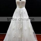 New beading lace appliques tulle drapping belt with beading trim sweetheart wedding dress