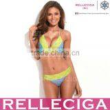 Open Sexy Young Girl RELLECIGA Triangle Bikini Swimwear - Colorful Wavy Stripes + Neon Yellow Lace Top With Scrunch Bottom
