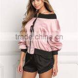 MGOO 2017 Hot Sale Cheap Price Off Shoulder Pink Jackets Custom Fashion Satin Bomber Tops Crop Style thumbnail-5