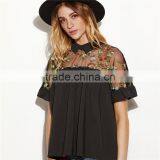 Hot Sell Embroidered Ruffle Cuff Sheer Tie Back Blouse Neck Designs Cutting thumbnail-6