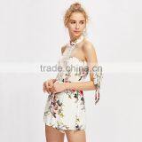 Polyester White Ladies Jumpsuit, Floral Print Contrast Lace Playsuit thumbnail-2
