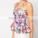 2016 Guangzhou Shandao OEM Women New Summer Sexy Spaghetti Strap Cross Back Slim Fit Cotton Flower Print Ladies Tops thumbnail-4