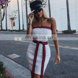 WISH Hot Sell Summer New Women's Off The Shoulder Contrast Waist Belt Backless Solid Party Wear Color Dress thumbnail-1