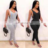 2020 New Arrivals Women Solid Color Jumpsuit Ladies Backless V-Neck Sleeveless Bodysuit Women Pleated Jumpsuit thumbnail-2