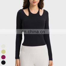 New Ladies T-shirt Running Wear Custom Sports Shirts Gym Fitness Top Women Long Sleeve Ribbed Strappy Halter Yoga T Shirt thumbnail-4
