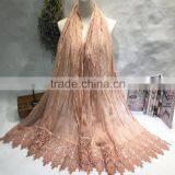 High Grade Newest Embroidery Lace Brim Plain Cotton Linen Muslim Long Scarf thumbnail-2