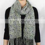 Blue Floral Printed Wool Scarf With Tassel thumbnail-1