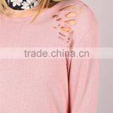 MGOO Women Longline Sweatshirt With Holes Distressed Curved Hem Tunic Dress Pink Long Sleeve thumbnail-5