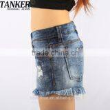 S1568 Sexy Hot Girls Dark Wash Flared Ripped Denim Mini Shorts With Bottom Hem Fringes Pants thumbnail-5