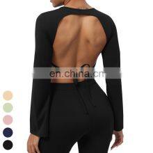 Quick Dry Crop Top Sexy Backless Straps Flare Cuffs Sports T Shirt Gym Fitness Tops Yoga Crop Top For Women With Removable Pad thumbnail-1