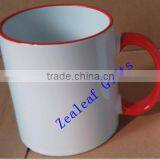 11OZ custom ceramic white coffee mug with color handle color top rim