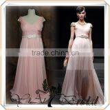 RSE256 Cap Sleeve Long Chiffon With Rhinestones Belt Country Style Peach Color Bridesmaid Dress thumbnail-1