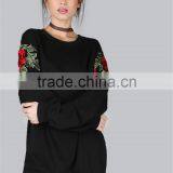 Customized Design Embroidered Roses Longline Sweatshirt Black Oversized Fleece Pullover For Women thumbnail-3