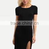 Rayon Black Short Sleeve Split Side Sheath Dress Polyester Spandex Plain Casual Short Dress thumbnail-2