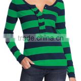 Womens long sleeve striped t shirt with ruffled placket