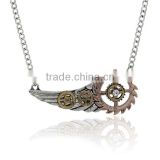 New Fashion Steampunk Necklace Link Curb Chain Antique Silver Wing Gear Pendant With Clear Rhinestone