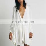 High Quality Raw Hem Cotton Gauze Dress Fashion High Low Tunic Dress thumbnail-3