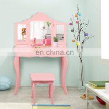 Kids Wooden Vanity Table & Stool Set With Dressing Table and Writing Desk