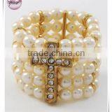Gold Tone Cream Synthetic Pearl Clear Rhinestone Cross Stretch Ring thumbnail-1