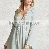 Fashion Long Bell Sleeve Chiffon Embroidery Summer Short Dress Women thumbnail-5