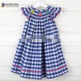 Blue Plaid Children Frocks Designs Kids Smocked Clothing Short Sleeve Baby Girl Dresses thumbnail-1