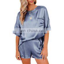 Manufacturer Wholesale Custom Solid Color Satin Home Clothes Loose Casual Pajamas Short Sleeve Shorts Suit Plus Size Women