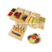 Bamboo Cheese Board Wooden Three Ceramic Bowls Three Magnet Drawers Serving Platter Cutlery Server Knife Set thumbnail-3