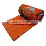 Orange Color KANTHA QUILT FLORAL COTTON BEDSPREAD BLANKET THROW COVERLET Flower thumbnail-3