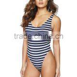 Ladies White and Blue Stripe Cut Out Back One-piece Swimwear thumbnail-1