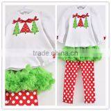 2015 New Fashion Long Sleeve Christmas Tree Lace Boutique Kids Outfit