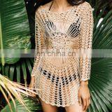 Бохо ручной работы многоцветное вязанное платье. Сексуальное платье с вырезом и прозрачными участками, мини пляжное платье, купальник, женский туник, пляжный купальный костюм-кавер thumbnail-1