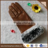 OEM ladies genuine goatskin C grade leather fashion gloves with fur cuff