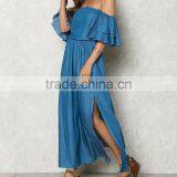 Blue Chambray Off Shoulder Bell Sleeve Maxi Denim Jeans Dress Ladies Western Dress Designs HSd5281 thumbnail-2