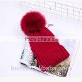 Factory Supply 14cm Fox Fur Ball Cap Pom Poms Winter Hat for Women Girl 's Wool Hat Knitted Cotton Beanies Cap Brand New Design thumbnail-6