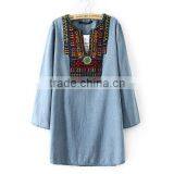 EY0588A Hot Salling Women Ethnic Wind Embroidery Long-sleeved Cowboy Dress thumbnail-2