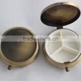 Bronze Tone Round Pill Box Medicine Organizer- 3 Tablet Sec Container Collectable