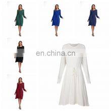 Manufacturers Wholesale Dress Drawstring Waist Solid Color Pocket Long-sleeved Dress thumbnail-1