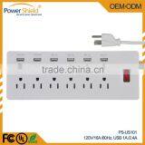 2015 Hot Sales US Type A/B 6 AC Power Outlet + 6 USB Socket Strip With Surge Protector 120V 16A With UL FCC