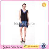 Beaded Embroidery Shift Dress Factory Price Accept Small Order V-neck Sleeveless Dress in Navy Blue Women Dress thumbnail-1