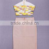 Halter Patchwork 2 Piece Set Knee Length Jacquard High Quality Rayon 2015 New Fashion Bodycon HL Night Wear Slim Bandage Dress thumbnail-2