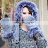 High Quality Hot Sales Type Women Hat Winter Soft With Long Scarf Mittens Ski Attached Gloves Faux Fur Hood thumbnail-2
