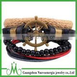 Hot sale summer black leather bracelet cheap price hemp rope braided bracelet with shiny wood beads bracelet