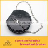 Black round PU leather coin purses with metal chain