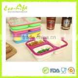 3-compartment 600+250+250ML 100% Pure Silicone color frame Collapsibe Lunch Box , Food Fruit Container