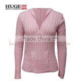 Cable Knit Hooded V Neck Sweater Women'S With Kangaroo Pocket thumbnail-1